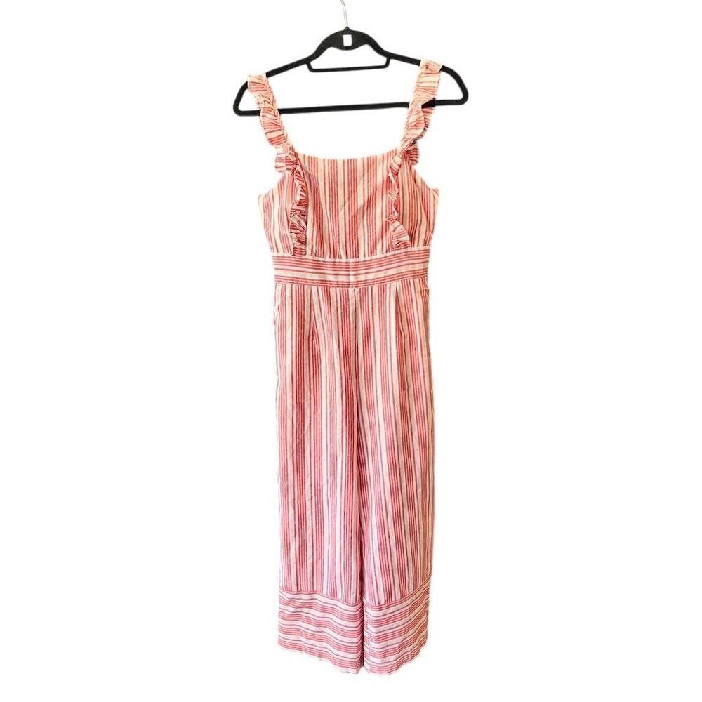 Lulus S Sleeveless Emilia Rae White and Red Striped Ruffle Culotte Jumpsuit